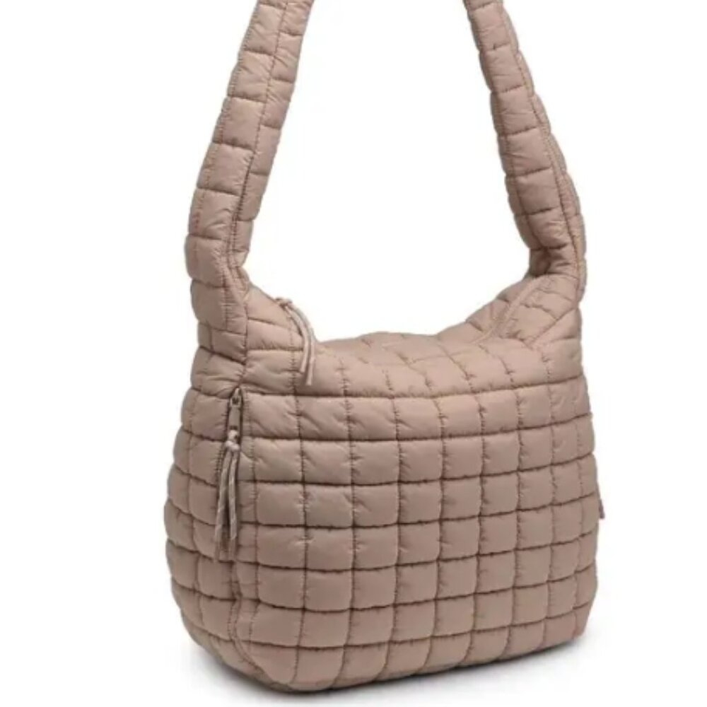 Urban Expressions Leda Quilted Square Nylon Puffer Hobo Bag‎ Purse Natural